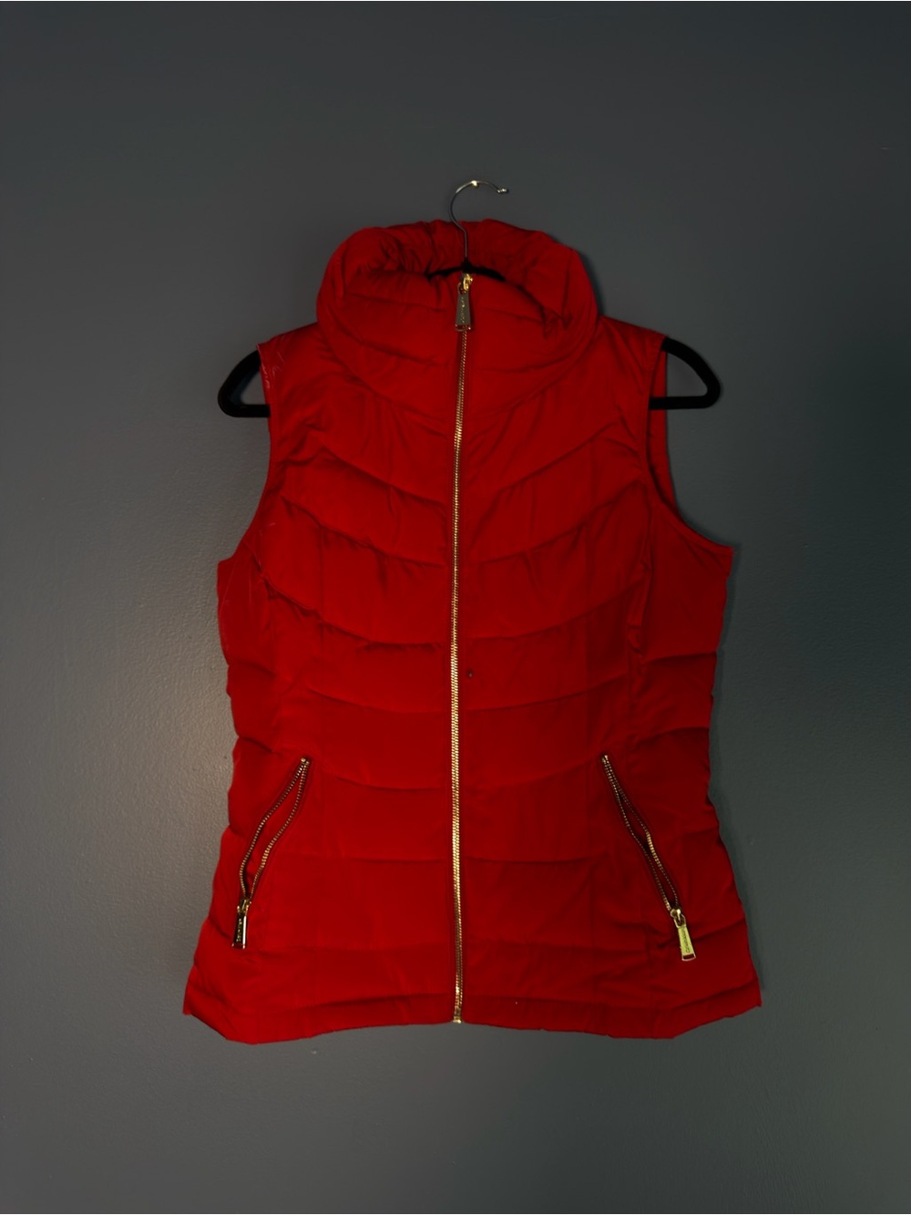 Calvin Klein Red Quilted Puffer Vest with Gold Zippers